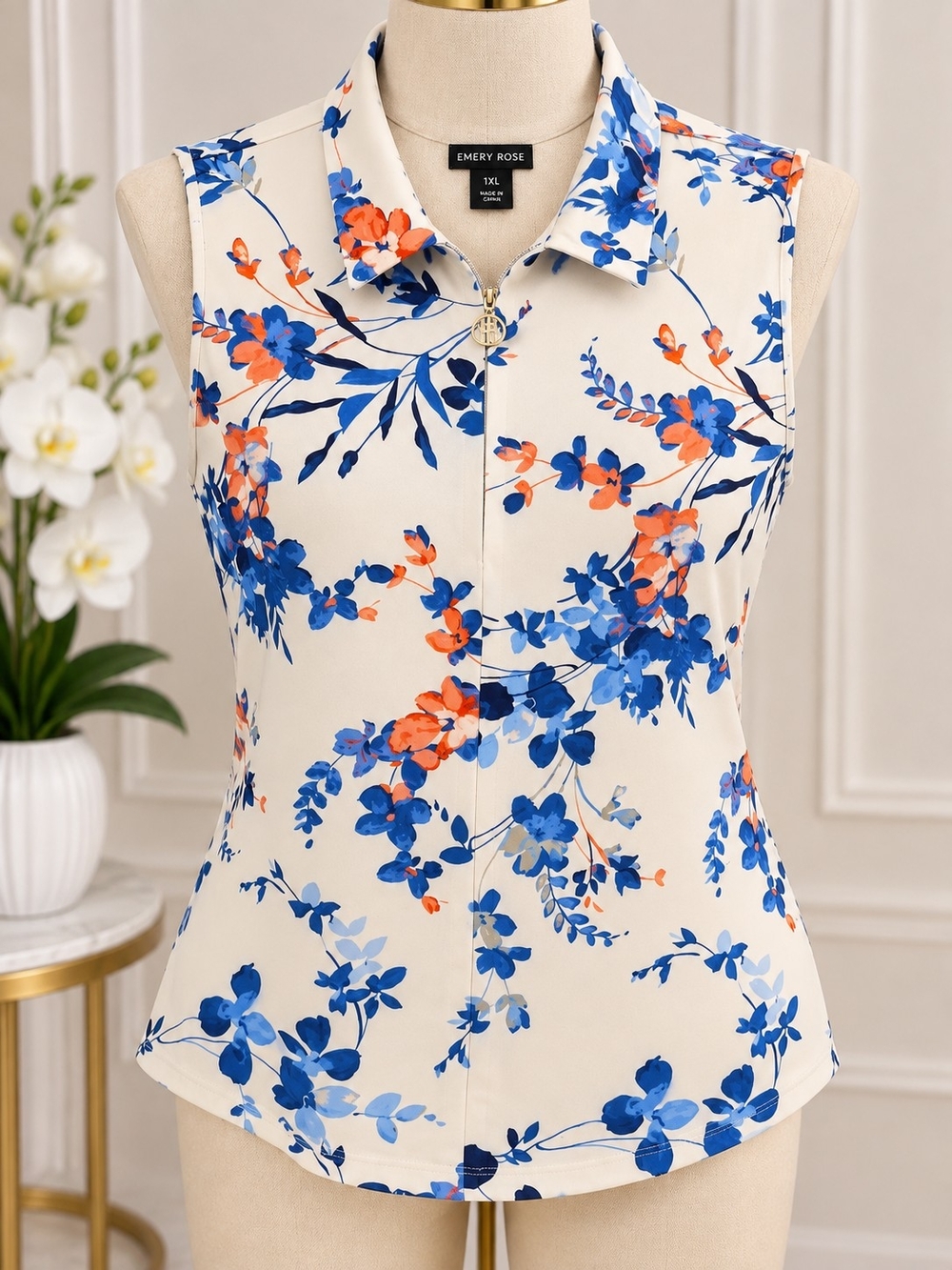 Calvin Klein Cream Sleeveless Zip-Front Top with Blue and Orange Floral Print
